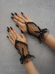 Party 1pair Women Rhinestone & Bow Decor Fashionable Fingerless Gloves For Daily Life Halloween Valentine's Day ValentinesValentine's Day Gift For Her - màu đen - Xem 1