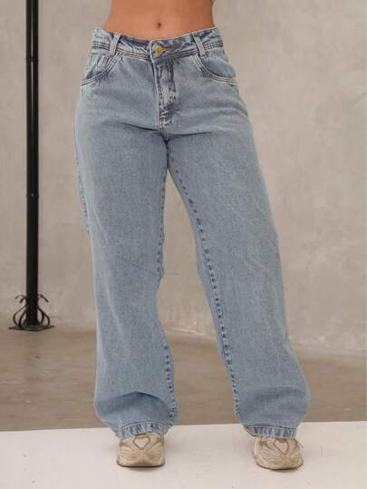 Calça Jeans Wide Leg algodáo Modelagem Reta e Estilo Confortável elegante versatil bolso funcional