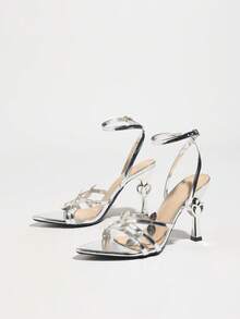 Giày cao gót nữ mũi nhọn hình lá, giày cao gót mỏng hình trái tim ánh kim, khóa cài chéo, màu trơn, chất liệu thoải mái, họa tiết mịn, phù hợp cho các mùa, tiệc đêm, du lịch, mua sắm, hẹn hò, tiệc sang trọng, gợi cảm và tiên phong, giày cao gót bạc đa năng, ổn định và cao cấp - Bạc - Xem 5