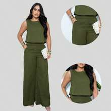 Women's Linen Set, Stylish Trousers And Blouse - Army Green - View 2