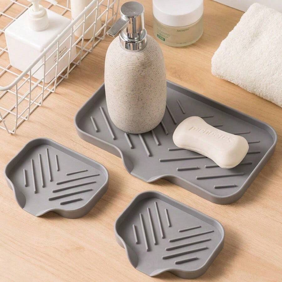 Silicone Bathroom Soap Dishes With Drain Spout-Bathroom And Kitchen Sink Organizer,Sponge Holder,Dish Soap Tray,Perfect For Dispenser,Scrubber,Bottle,Cup On Sink Or Counter - Màu xám đen - Xem 1