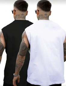 Kit 2 Plain Tank Tops Summer Beach Fashion Cotton Macho Shirt - 黑色/白色 - 查看 2