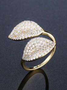 1 pieza Anillo abierto elegante y elegante con flor y hoja incrustadas de cobre y circonita cúbica, adecuado para fiestas, uso diario y como regalo - Estilo de flores y hojas - Ver 8