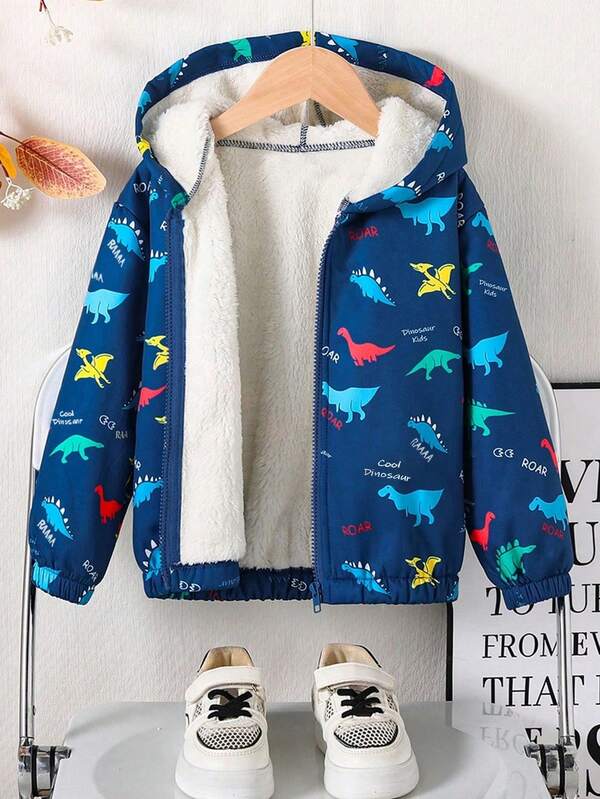 Chaqueta con capucha térmica gruesa y cálida con estampado de dinosaurio de dibujos animados para niño preadolescente