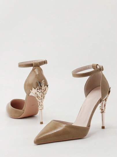 Fashionable Metallic Floral Stiletto High Heel Pointed Toe One-Strap Sandals, Sexy & Luxurious Women Dress Shoes