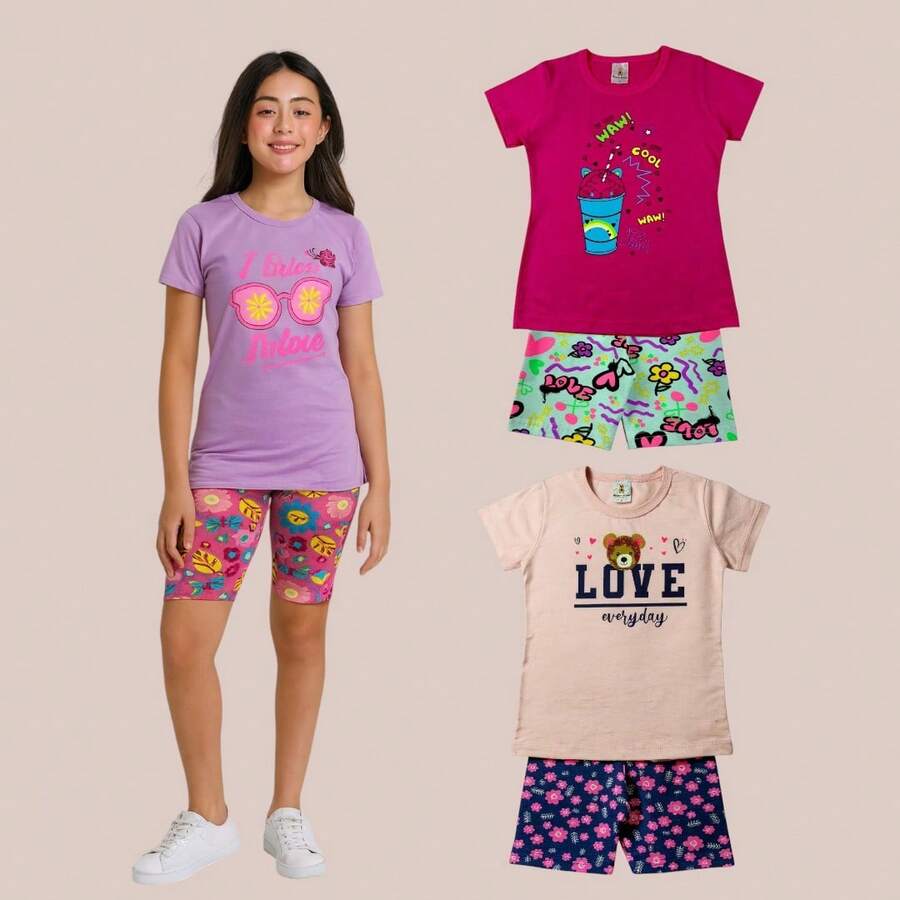 Set For Pre-Teen Girls: Printed Cotton T-Shirt And Cotton Bermuda Shorts - Màu đỏ tím - Xem 1