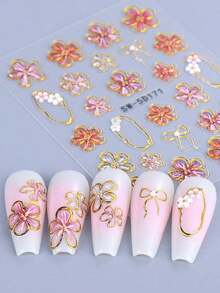 2 PCS Pink Flower Petal 3D Nail Stickers Elegant Flower Gold Edge Line Geometry Designs Nail Art Decals For Acrylic Nails DIY Spring Self-Adhesive Manicure Decoration Supplies - Multicolor 2 - 查看 2