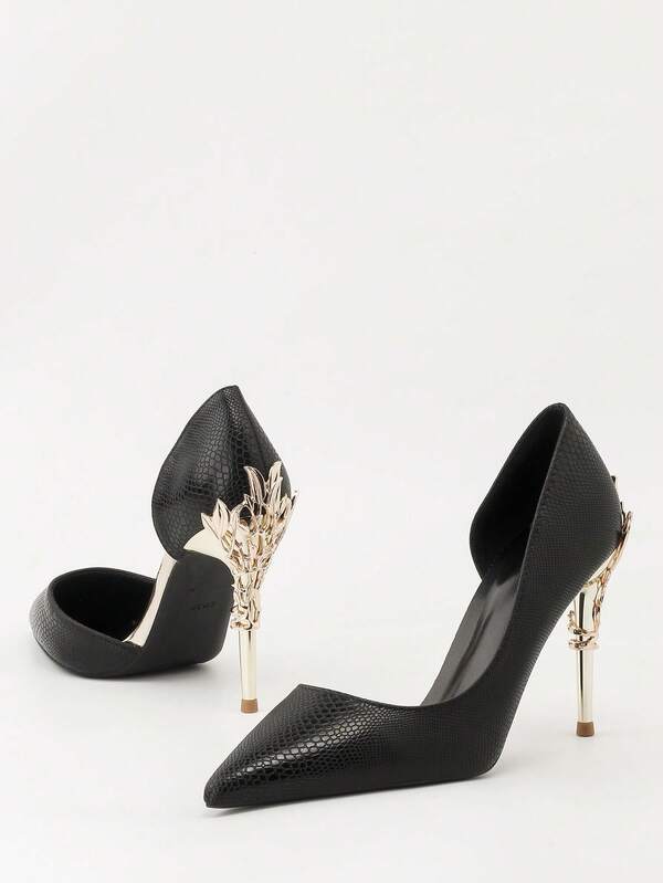 Fashionable Metallic Floral Pointed Toe Hollow Out High Heel Pumps, Sexy & Luxurious Women Shoes