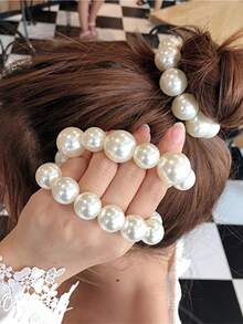 1pc Women Faux Pearl Beaded Hair Tie Elegant,Woman Head Accessories, Woman Hair Accessories Ponytail Holders Hair Elastics Hair Rubber Bands Scrunchies Hair Rope Elastic Hair Tie, Hair Bobbles - 白色 - 查看 4