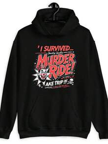 484g/m², Sudadera con Capucha de Hombre de 50% Poliéster y Algodón, Sudadera con Capucha de Patrón de Payaso 'Sobreviví al Viaje del Asesinato' para Hombres y Mujeres - Inspirada en Películas de Terror con Diseño de Payaso con Citas de Películas de 'Payaso', Cara de Payaso de Horror y Letras de Globo, Adecuada para Disfraces de Halloween, Fiestas Góticas y Sudadera Holgada Casual para Fans de Horror (Lavable a Máquina) - Suéter de Manga Larga de Estilo Retro con Tema de Horror Icónico, Perfecto para las Temporadas de Otoño e Invierno y Fans de Horror - Negro - Ver 1
