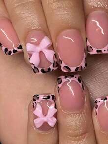 24pcs Short Square French Manicure Nail Stickers, 3D Bow Design, Includes 1 Gel Polish And 1 Nail File, Easy-To-Wear Acrylic False Nails Set, Suitable Women & Girls Daily, Holiday Party, Etc. - 多色 3 - 查看 2