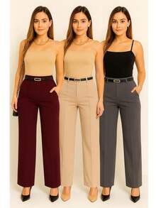 Kit 3 Tailored Pantaloon Trousers With Belt - 酒紅色 / 米色 / 灰色 - 查看 2