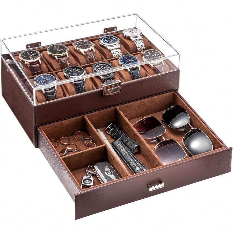 ProCase Watch Case For Men 10 Slot Watch Display Case With Clear Acrylic Lid Mens Watch Box Organizer With Drawer 2Layer Jewelry And Watch Storage Holder For Men Women 10 Slot Espresso