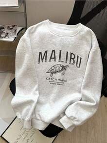 Women's Casual Turtle & Letter Print Grey Crew Neck Sweatshirt, Fashionable & Versatile, Autumn/Winter - Grey - View 12
