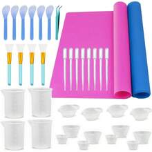 Epoxy Resin Mixing Tools Kit 36Pcs, Reusable Soft Silicone Resin Tools Supplies, Includes A3 Silicone Mats, Measuring Cups, Plastic Pipettes, Stir Sticks, Brushes, Resin Casting Jewelry Making - azul - Ver 2