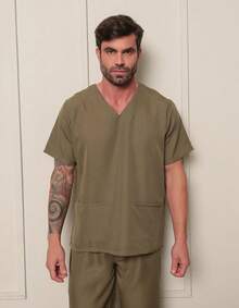 Scrub Masculino Conjunto em oxford Decote V Verde Musgo Aston - Verde Militar - Visão 2