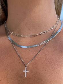 Nooxian Set de 3 collares de acero inoxidable con cadena de hoja plana y colgante de cruz, collares superpuestos de moda para mujeres