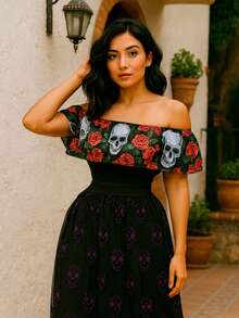 set 2pz Xantolo maxi falda y blusa con estampado - Rojo y negro - Ver 3