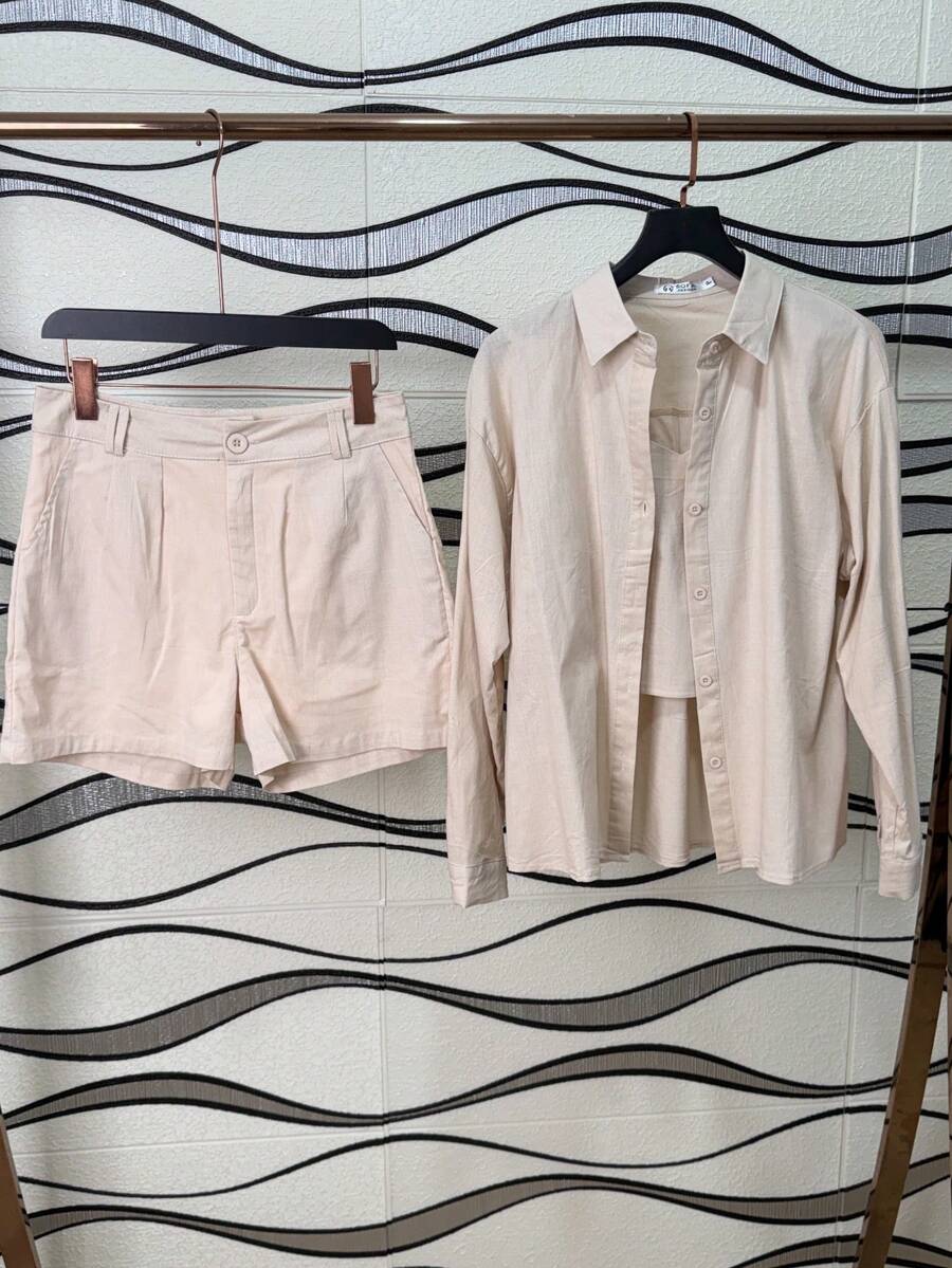 Shirt Set Women Imported Shirt Sets, 3 Pieces Shirts With Cropped Shorts With Lining - Beis - Ver 1