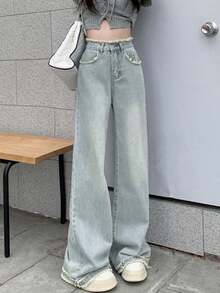 高腰流苏下摆喇叭修身百搭女式牛仔裤，休闲春季款 - 藍色 - 查看 2