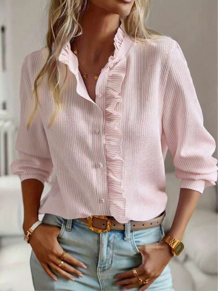 Women's Casual Striped Ruffle Hem Blouse - Dusty Pink - View 1