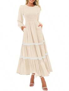 KIRUNDO Smocked Boho Tiered Lace Trim Flowy Maxi Dress Long Dresseshalloween - Màu be - Xem 12