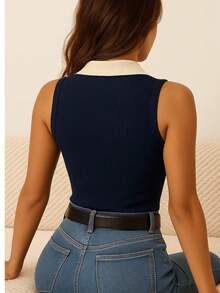 Women's Polo Neck Tank Top, Two-Tone Cotton, Sleeveless, Elegant - 藏蓝色 - 查看 2