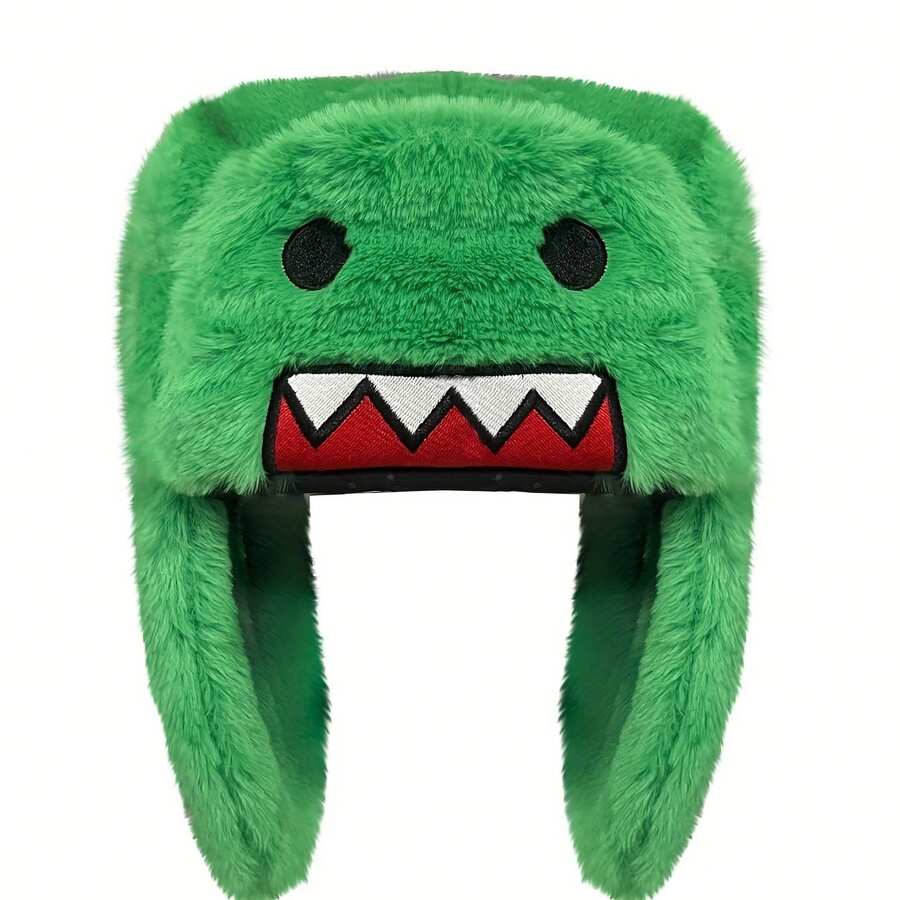 Winter Plush Cartoon Character Hat With Detachable Ear Flaps - Stretchy Beanie For Men & Women, Warm Adjustable Cold Weather Cap, Cute Birthday Gift Novelty Accessory, Winter Hat, Cold Weather Gear, Soft Texture - 綠色 - 查看 1