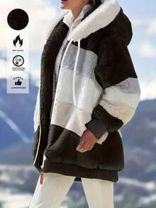 Plus Size Fluffy Loose Hooded Plush Jacket For Women, Autumn/Winter - Black 2 - View 2