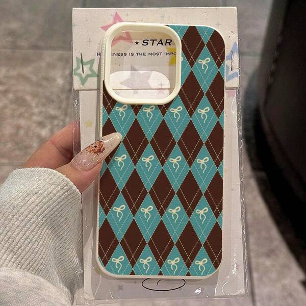 1pc Retro Classic Sweet College Style Blue & Brown Plaid Bow Design TPU Phone Case Compatible With IPhone//Redmi Phones