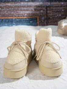 Women's Thick Sole Snow Boots, Lace Up Short Boots With Thermal Lining For Fall/Winter 2024, Anti-Slip Cushioned Round Toe Casual Short Shaft Snow Boots, Available In Black, Khaki, Beige