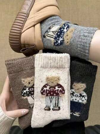 5 pares de calcetines de media caña para mujer con diseño de oso de dibujos animados para otoño/invierno, calcetines gruesos y cálidos, suaves y cómodos