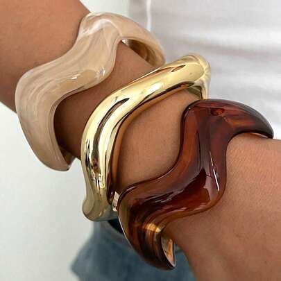 3/1pc Vintage Minimalist Wavy Acrylic & Resin Material Bangle Bracelet Set, Suitable For Women's Daily Wear, Stackable, Perfect Gift Choice For Holidays