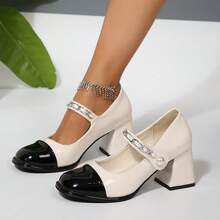 Geeyea A Pair Of Women's High Heels, Patent Leather Black And White Mary Jane High Heels, Metal Chain And Pearl Buckle Design, French Retro Style, Elegant And Eye-Catching Shoes For Work Commuting, Dating Parties - Đen và trắng - Xem 6