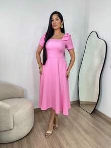 Women's Midi Dress Lined With Bow Detail On The Shoulder In Short Sleeves, Elastex On The Back And Duna Linen Cup - Elegant Fashion - Rosa - 查看 3