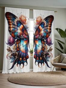2pcs Vintage Butterfly Print Curtains, Semi-Sheer Polyester Fabric, Machine Washable, Rod Pocket Design, Suitable For Bedroom, Living Room, Dining Room, Kitchen And Other Home Decor