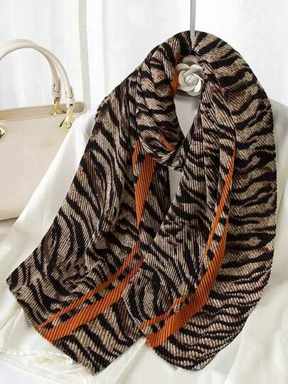 1件装女士时尚印花亚麻褶皱围巾/披肩/头巾，保暖针织围巾，适合日常穿着。