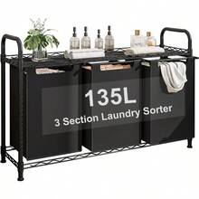 Dynus Laundry Basket 135L 3 Section Pull Out Laundry Clothes Hamper With Large Top Shelf Laundry Sorter With 3 PullOut And Removable Bags For Laundry Room Bedroom Bathroom And Dorm Black