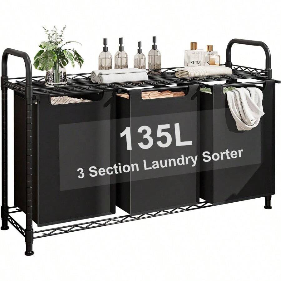 Dynus Laundry Basket 135L 3 Section Pull Out Laundry Clothes Hamper With Large Top Shelf Laundry Sorter With 3 PullOut And Removable Bags For Laundry Room Bedroom Bathroom And Dorm Black