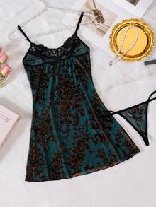 2pcs New 3D Embroidered Lace Sheer Sexy Lingerie Set: Camisole & Panties - Olive Green - View 12