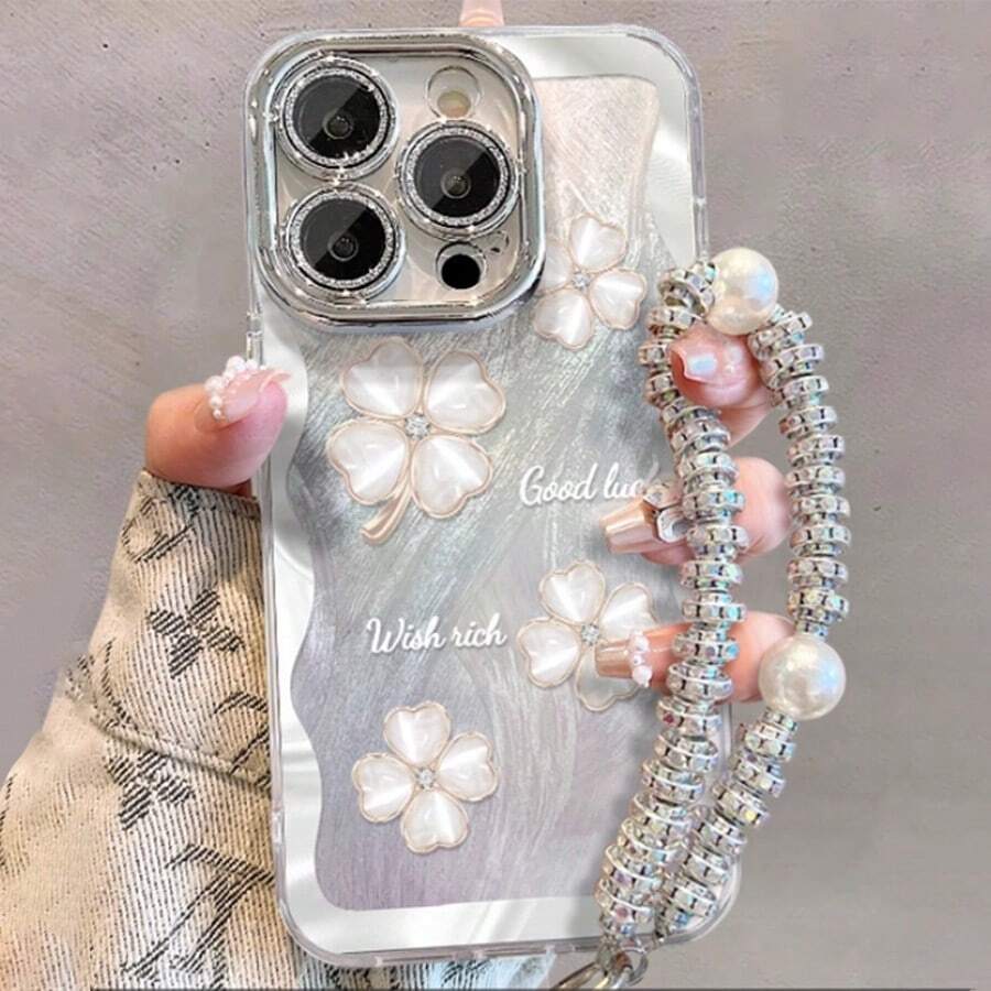 JURSUE 可爱时尚美学防震带镜头保护软手机壳带相机镜头保护膜适用于 17 Air 16 15 13 12 11 Pro Max Ip 14 Plus 适合女性女孩四叶草 MZ5044 - 無色 - 查看 1