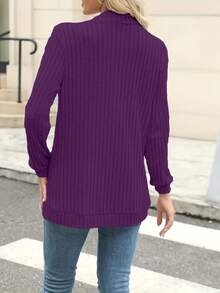 Fashionable Casual Ribbed Knit Cardigan Sweater - Purple - View 3