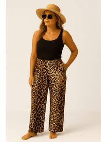 Garter Belt Pants (Cold Knit) With Pocket And Elastic Waistband Cut And Sew All-Over Leaf Print Pocket Contrasted Waistband - Avana - Xem 2