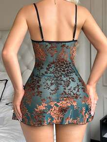 2pcs New 3D Embroidered Lace Sheer Sexy Lingerie Set: Camisole & Panties - Olive Green - View 5