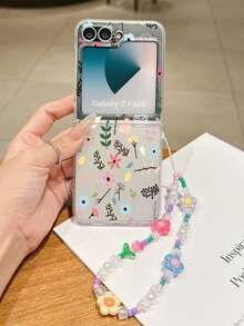 1 pezzo di custodia pieghevole per telefono in materiale PC opaco con elementi decorativi floreali carini, abbinata a un braccialetto dello stesso colore, in grado di proteggere e prevenire la caduta: compatibile con Samsung Galaxy Z Flip 3/Z Flip 4/Z Flip 5/Z Flip 6/Z , OPPO Find N3 Flip, Razr 50 Ultra, Razr 60 Ultra, Razr 60, Razr 50, MIX Flip, Galaxy Z Flip7 FE