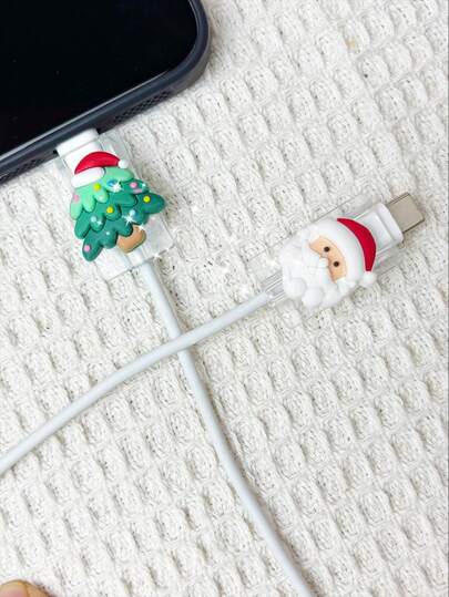 Cartoon Christmas Tree & Santa Claus Data Cable Protector Case, Phone Accessories