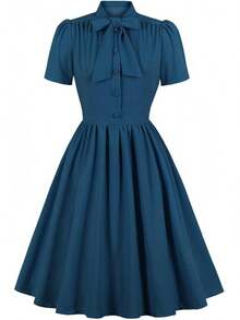 Women Vintage Cocktail Swing Dress, Midi Evening Dress, Rockabilly 50s 60s 1950shalloween - 海洋藍蝴蝶結 - 查看 9