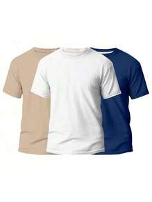 KIT 3 Basic Plain Men's T-Shirts 100% Cotton 30.1 - 米色+白色+海軍藍 - 查看 1