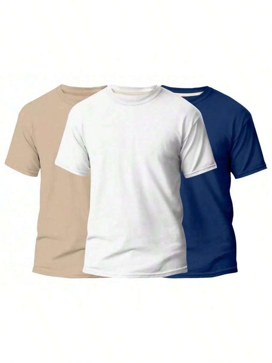 KIT 3 Basic Plain Men's T-Shirts 100% Cotton 30.1 - 米色+白色+海軍藍 - 查看 1