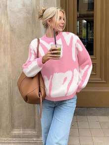 Suéter feminino adolescente casual, moderno e confortável com estampa jacquard de letras e gola redonda, ideal para primavera/outono/inverno (1 peça). - Rosa - Ver 2